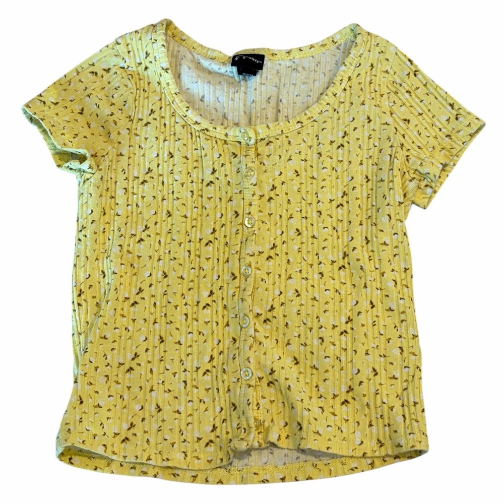 Art Class Yellow Floral Ribbed Top Size M (7/8) Button Front Short Sleeve Shirt